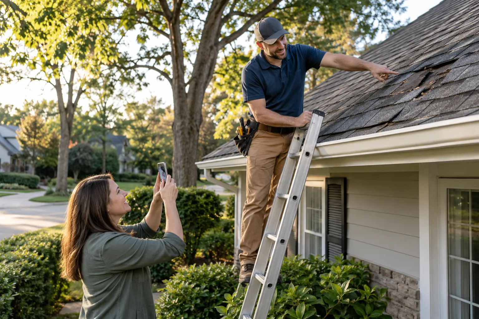Local roofing provider checking shingles on a home near Gary while a homeowner looks on