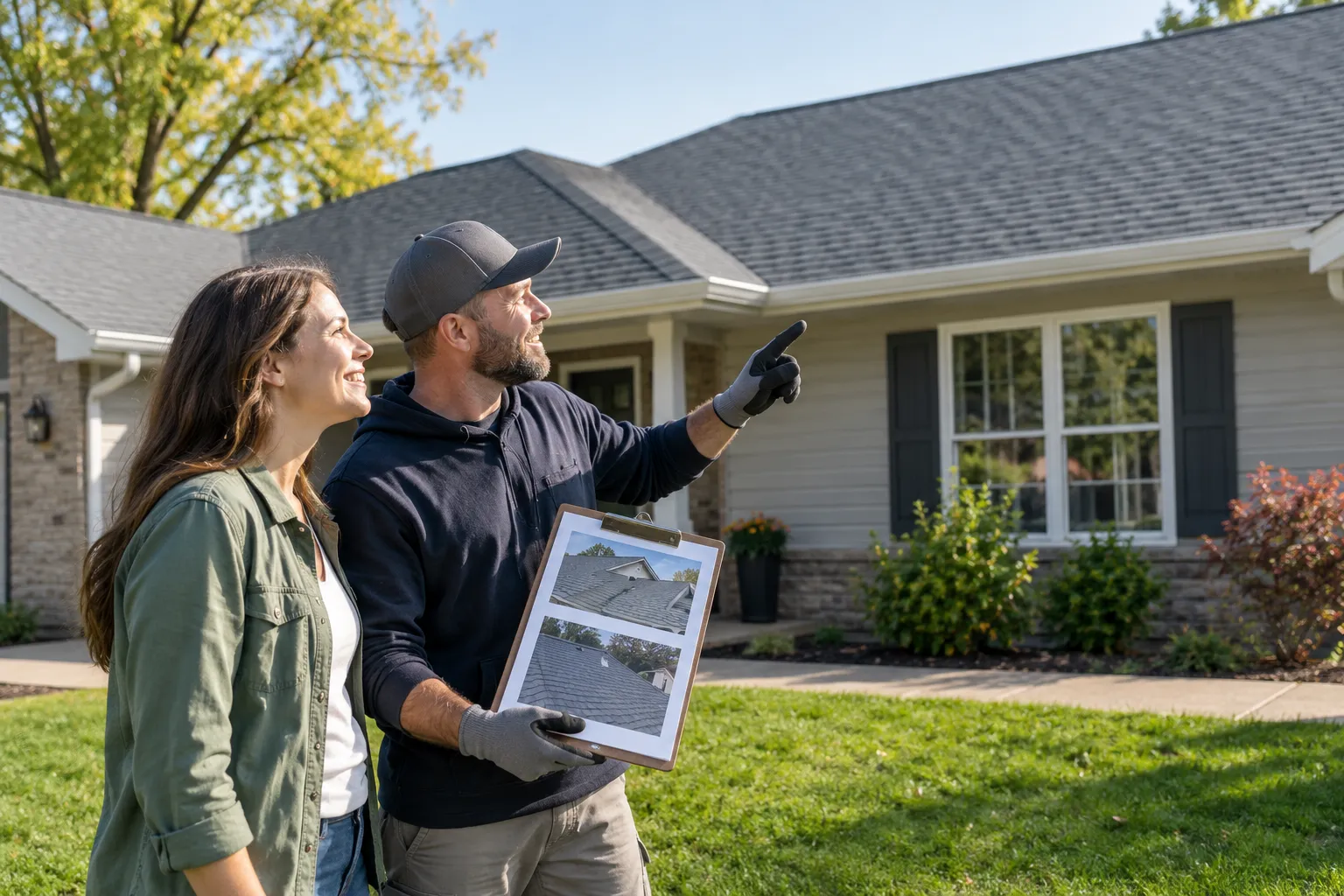 A friendly roofing provider and a homeowner reviewing a new shingle roof together outside a house in the Gary area